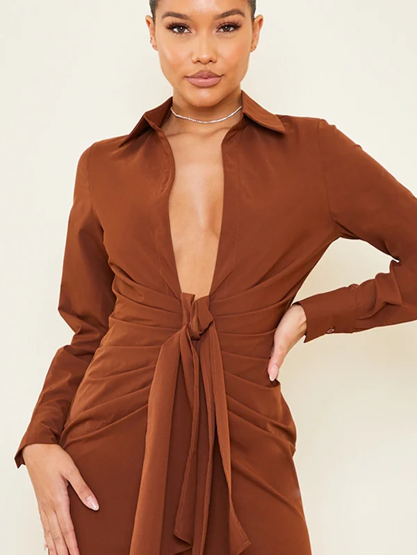 Plunge Drape Ruched Shirt Dress