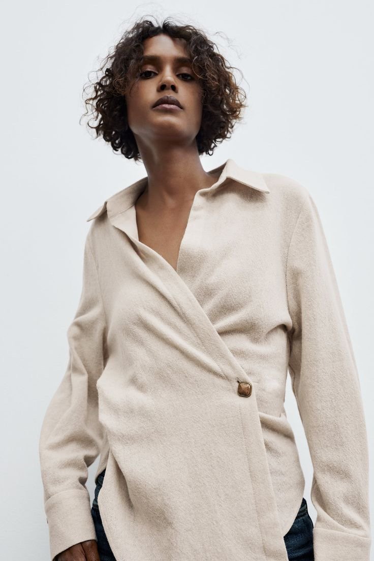 Oatmeal Asymmetric Wrap Blouse