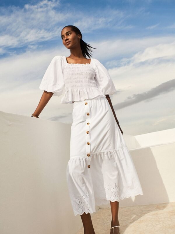 Button Through Cotton Midi Skirt