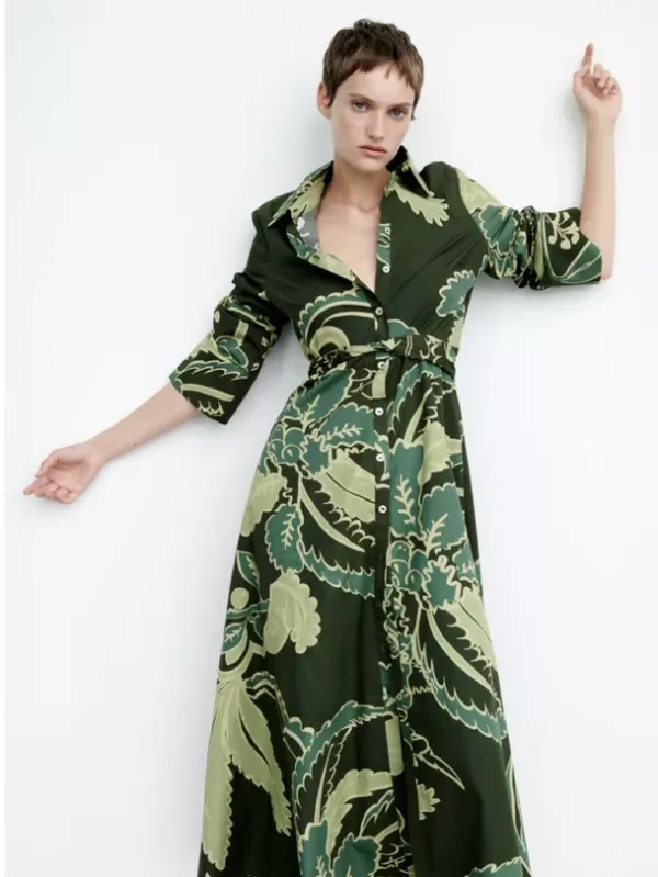 Belted Leaf Print Midi Dress