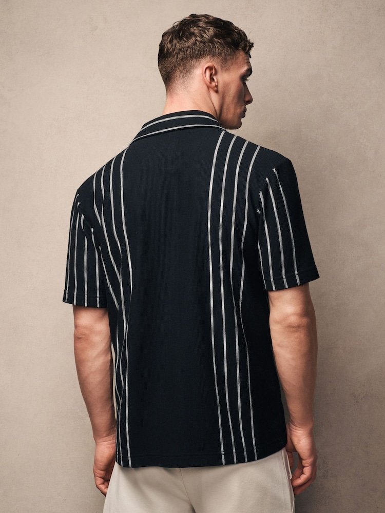 Black Cuban Collar Textured Short Sleeve Shirt - Image 2