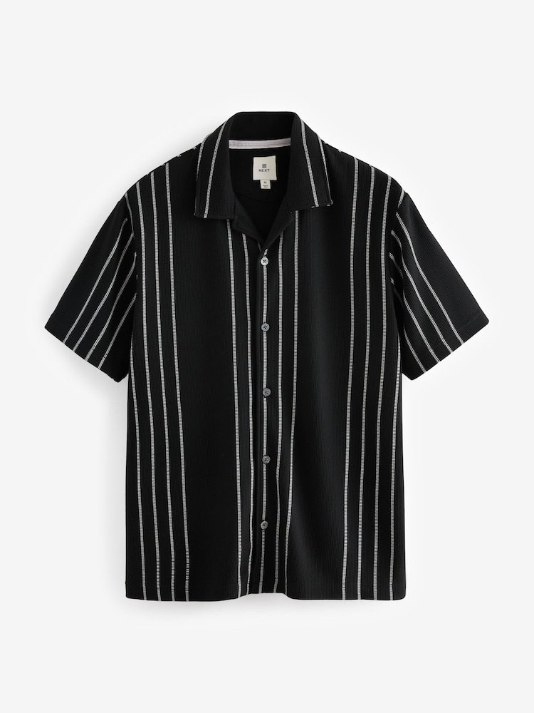 Black Cuban Collar Textured Short Sleeve Shirt - Image 4