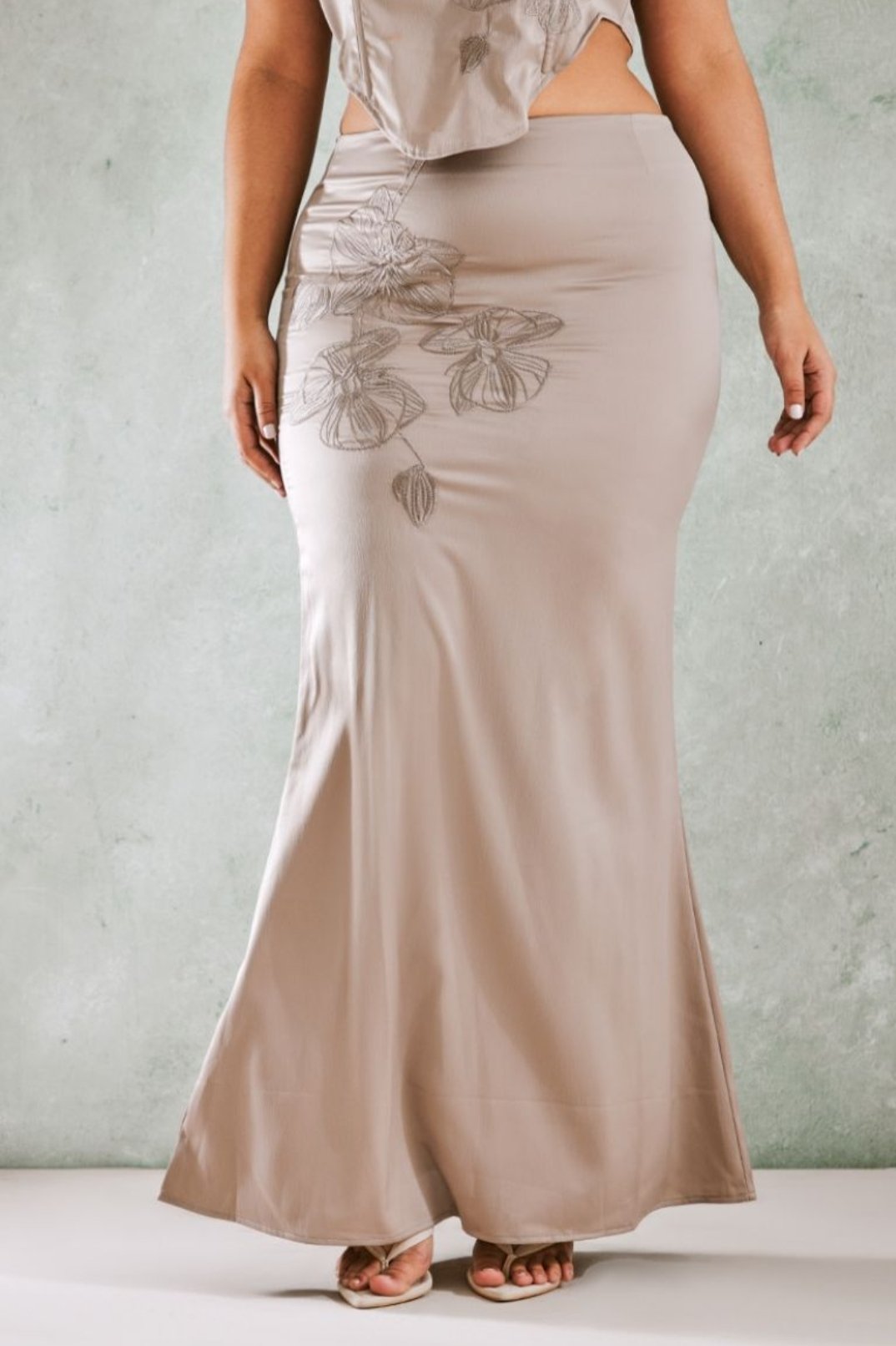 Mocha Embroidered Floral Satin Maxi Skirt - Image 3