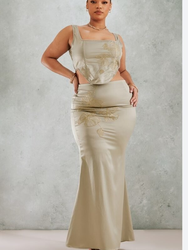 Olive Embroidered Floral Satin Maxi Skirt