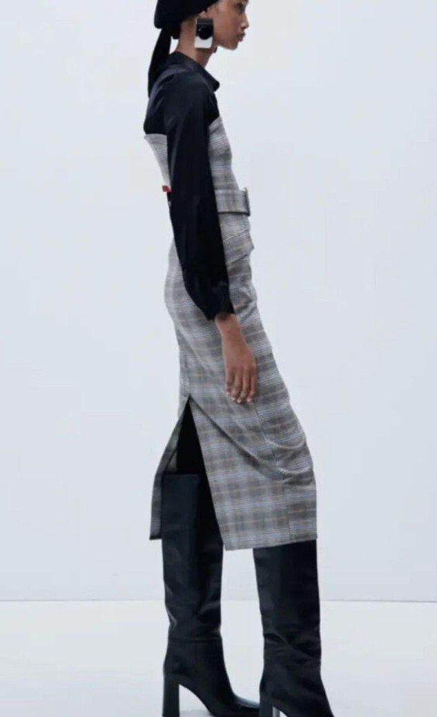 Plaid Check Mixed Media Collared Belted Dress - Image 4