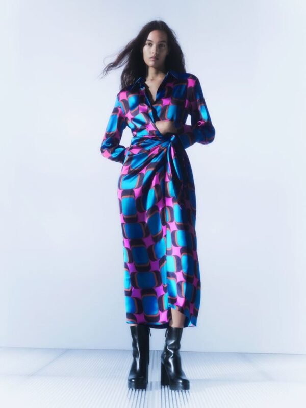 Abstract Print Collared Longsleeve Wrap Dress