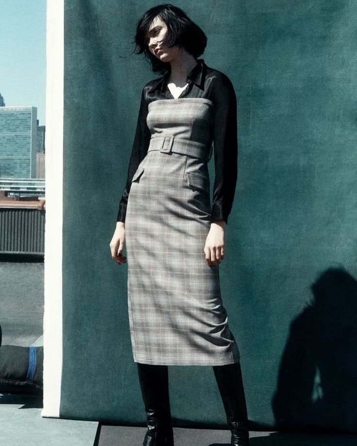 Plaid Check Mixed Media Collared Belted Dress - Image 2
