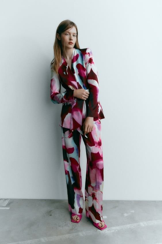 Printed Satin-Effect Blazer And Wide-Leg Pant Set