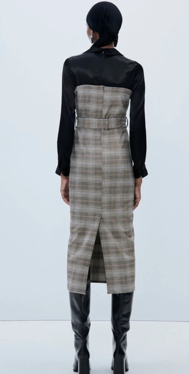 Plaid Check Mixed Media Collared Belted Dress - Image 3