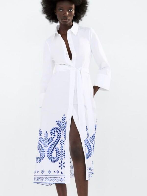 Embroidered Hem Belted Midi Dress