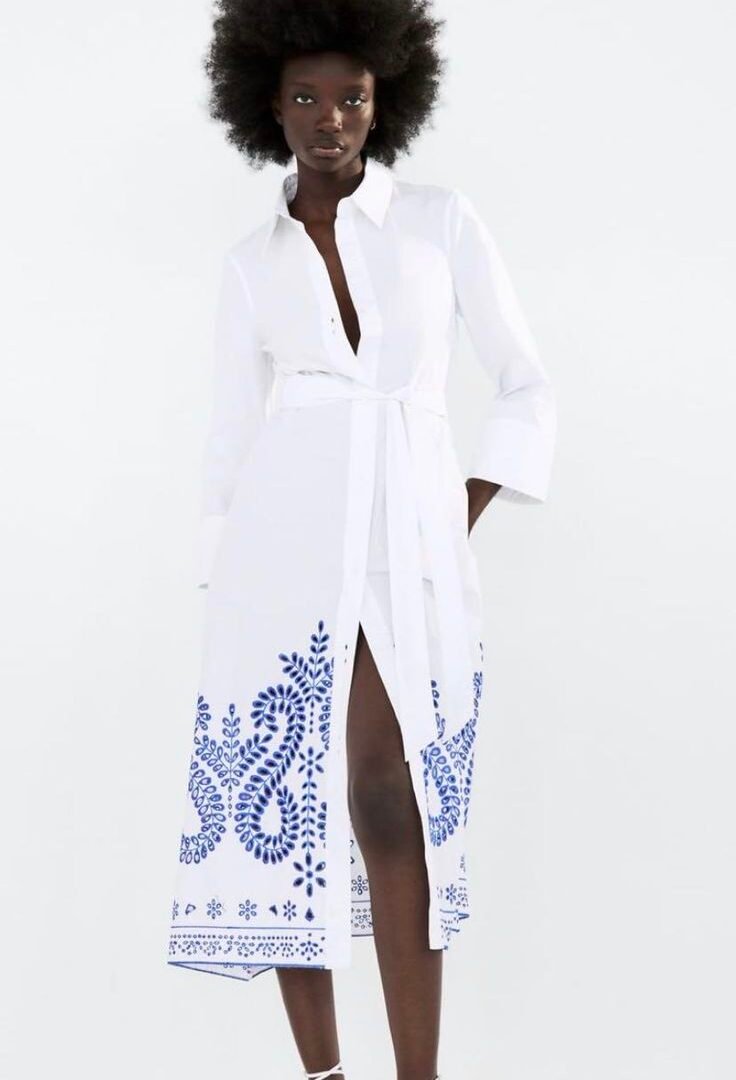 Embroidered Hem Belted Midi Dress