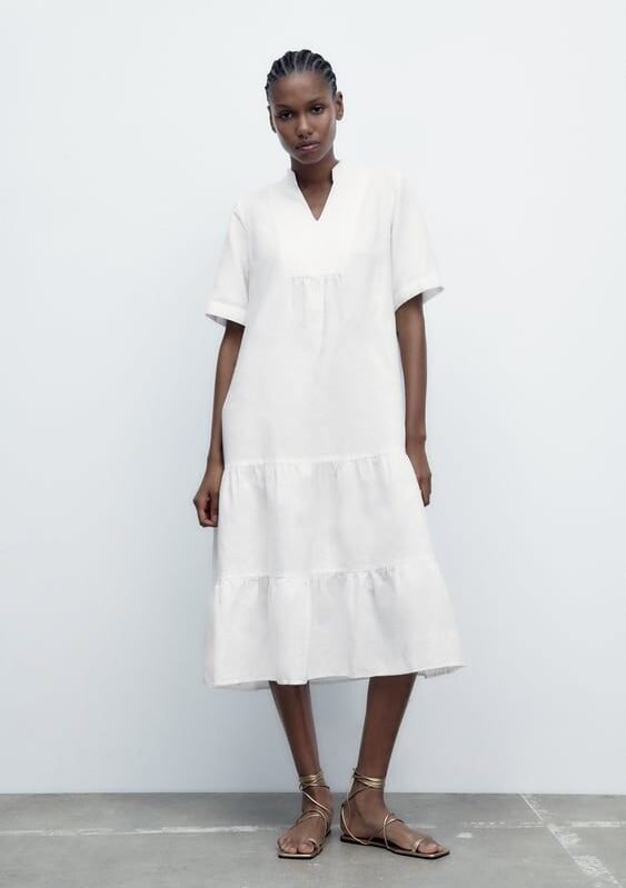 Linen and Cotton Blend Midi Dress