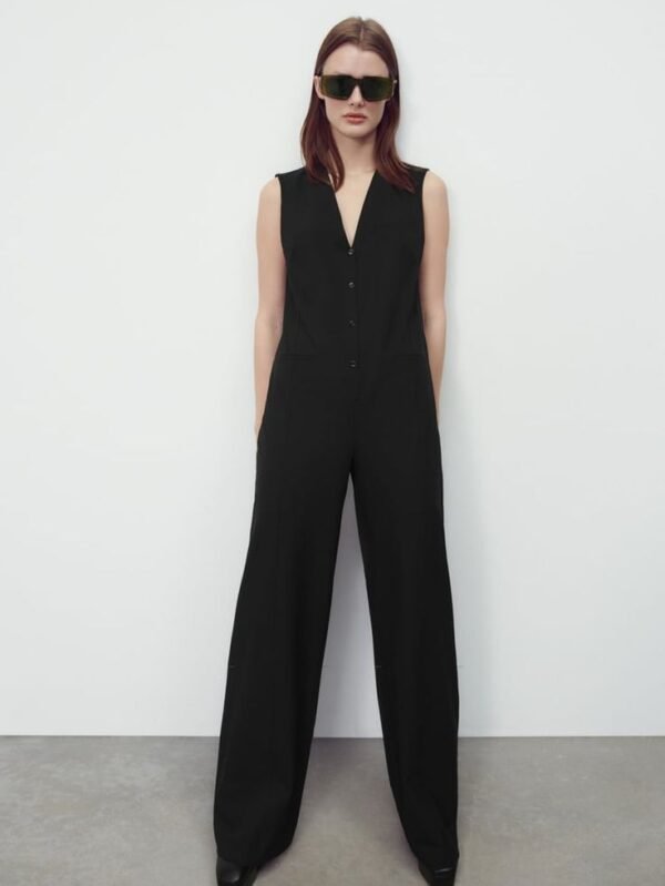 V Neck Vest Detail Jumpsuit