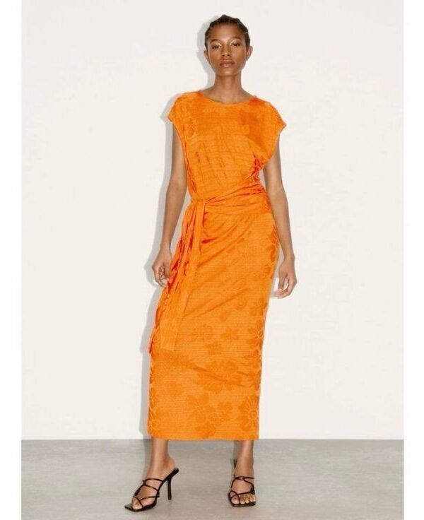 Orange Midi Tie Waist Dress