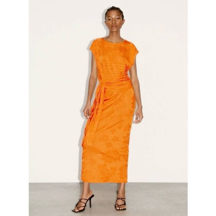 Orange Midi Tie Waist Dress