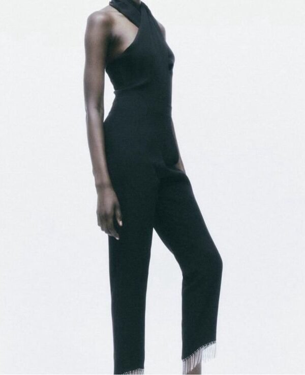 Halter Neck Rhinestone Fringe Detail Jumpsuit