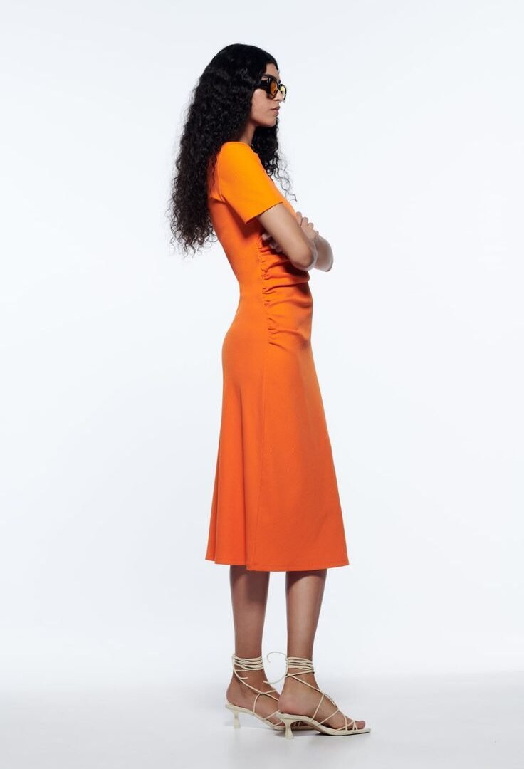 Orange Midi Dress With Rush Details