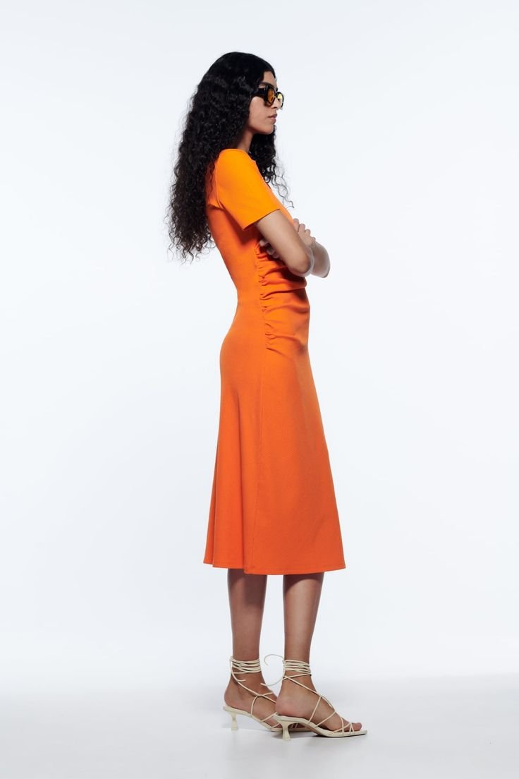 Orange Midi Dress With Rush Details