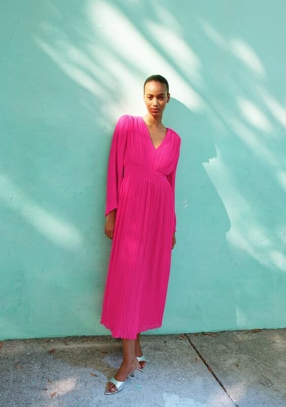 Pink Pleated Midi Dress