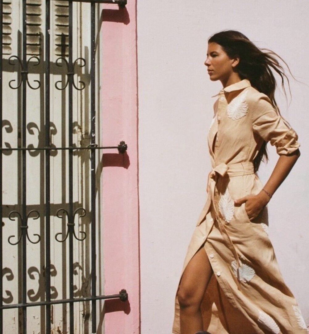 Tan Linen Dress With Beaded Embroidery