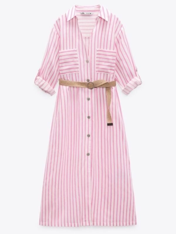 Linen Blend Stripe Belted Midi  Dress