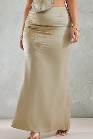 Plus Olive Embroidered Floral Satin Maxi Skirt