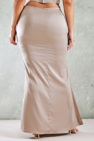 Plus Mocha Embroidered Floral Satin Maxi Skirt