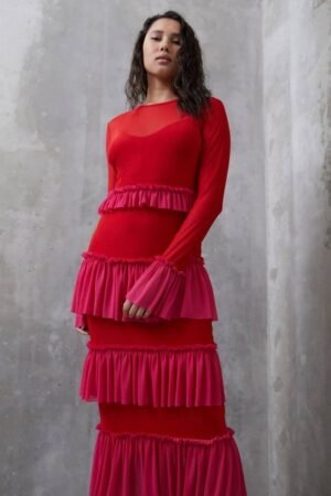 Red kaityln mesh tiered dress