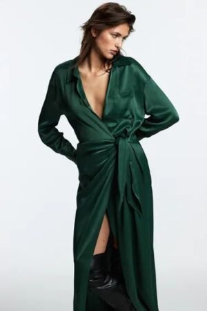 Satin Long Sleevev Wrap Dress