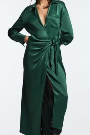 Satin Long Sleevev Wrap Dress