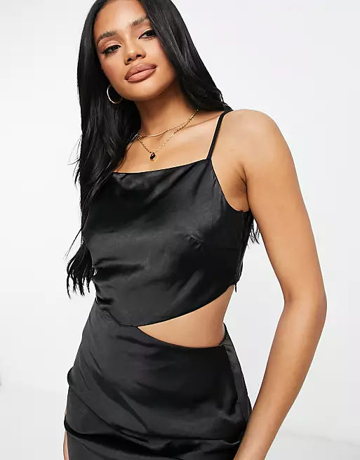 Naughtines Satin Midi Dress With Cut Out In Black