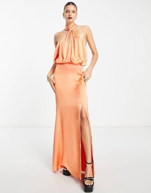 Pretty Lavish Twist Neck Satin Maxi Dress