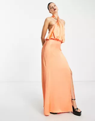 Pretty Lavish Twist Neck Satin Maxi Dress