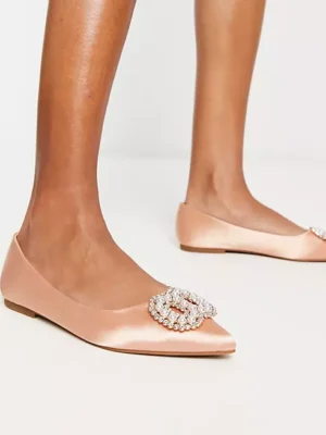 ASOS DESIGN Lola Faux Pearl Embellished Pointed Ballet Flats In Blush Satin