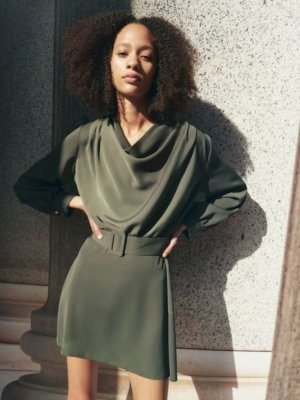 Cowl Neck Belted Dress