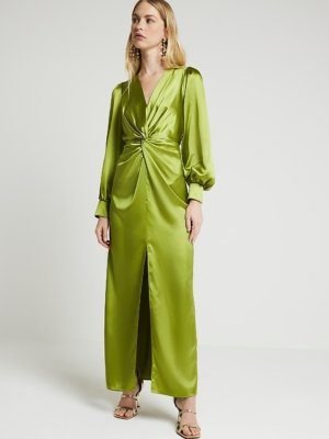 Green Satin Twist Front  Shift Maxi dress