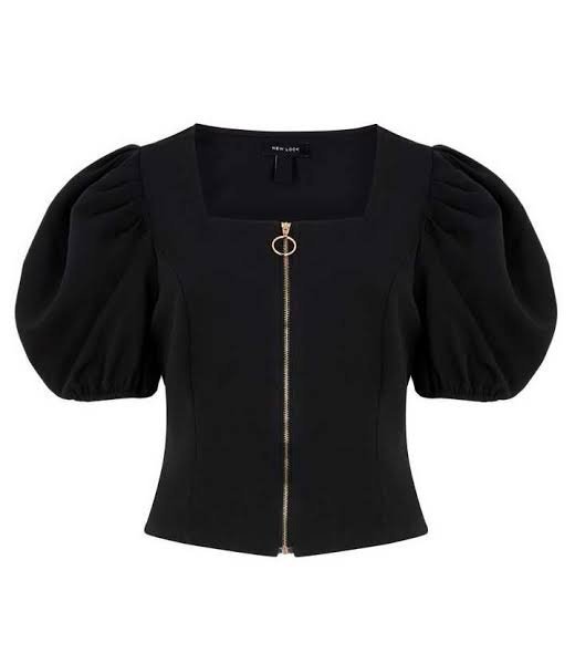 Black Zip Front Puff Sleeve Top