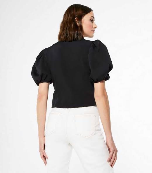 Black Zip Front Puff Sleeve Top