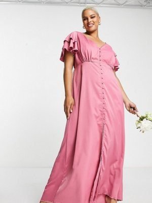 Plus  satin maxi dress with flutter sleeves in dark pink