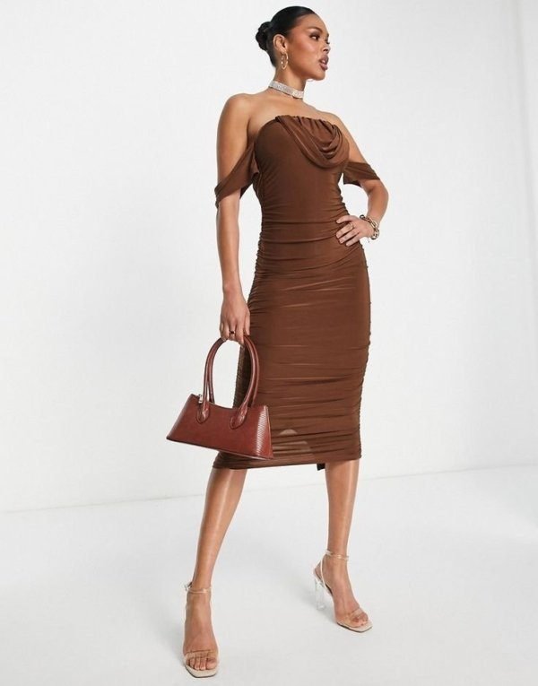 Off The Shoulder Ruching Bodycon Midi Dress