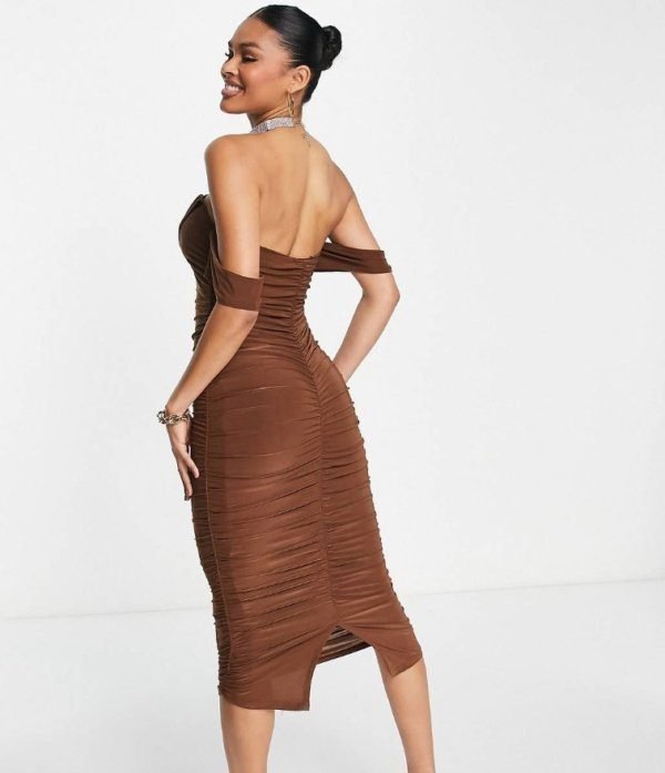 Off The Shoulder Ruching Bodycon Midi Dress