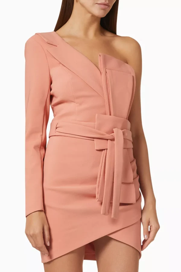 One Shoulder Twisted Wrap Blazer  Dress In Coral