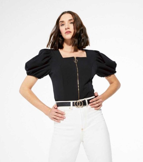 Black Zip Front Puff Sleeve Top