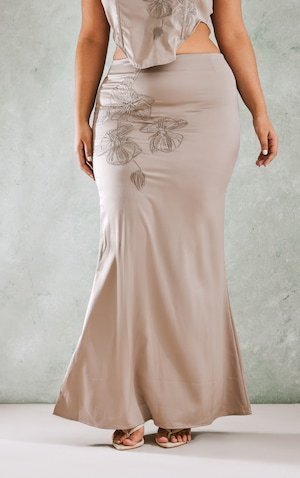 Plus Mocha Embroidered Floral Satin Maxi Skirt