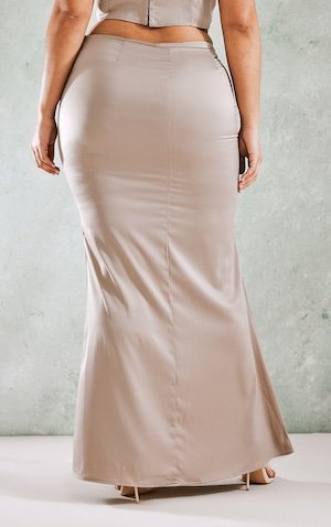 Plus Mocha Embroidered Floral Satin Maxi Skirt