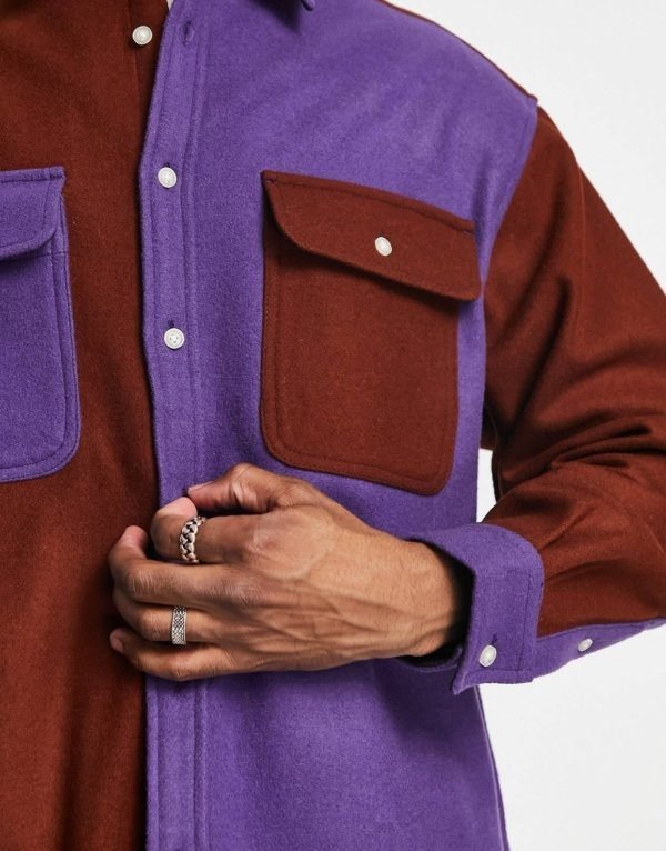 ASOS DESIGN oversized wool shirt in purple and brown