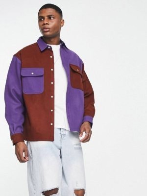 ASOS DESIGN oversized wool shirt in purple and brown