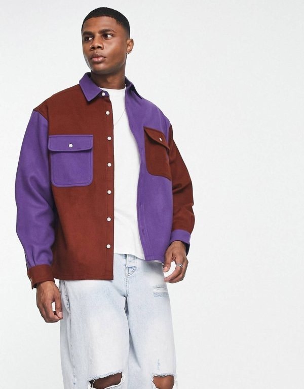 ASOS DESIGN oversized wool shirt in purple and brown