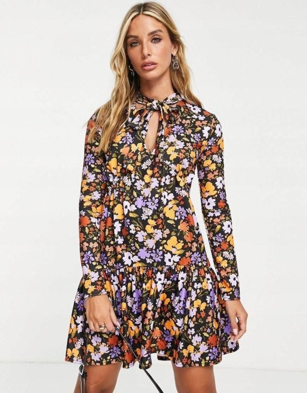 Floral Pussybow Smock Dress