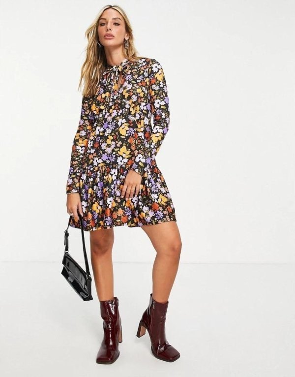 Floral Pussybow Smock Dress